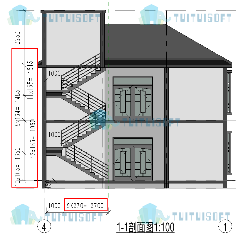 腿腿教学网-revit模型注释尺寸标注楼梯数据